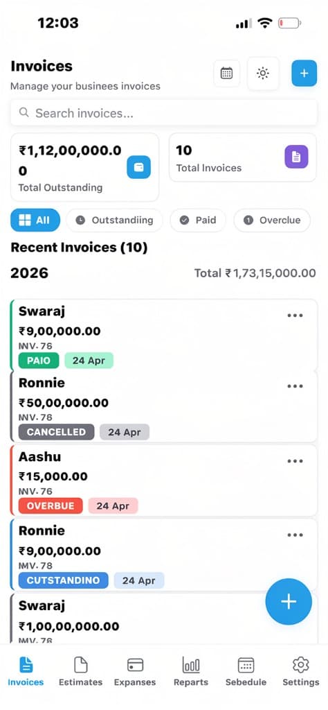 Create and send invoices in seconds App Light Mode
